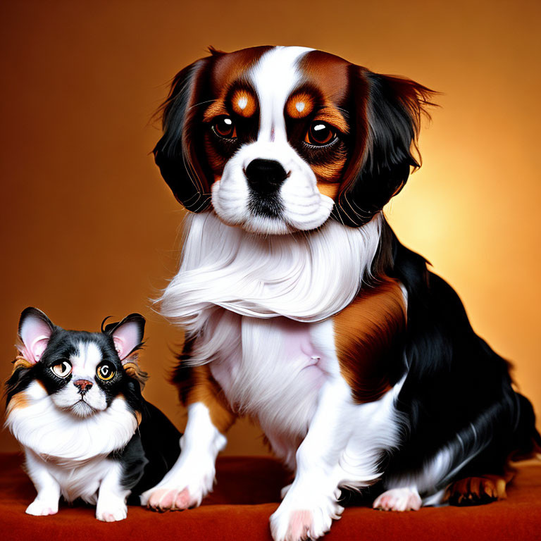 Digitally altered image of dog and cat with human-like eyes and flowing hair on amber background