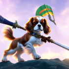 Cartoon Cavalier King Charles Spaniel with wand and parachute on rock at sunset