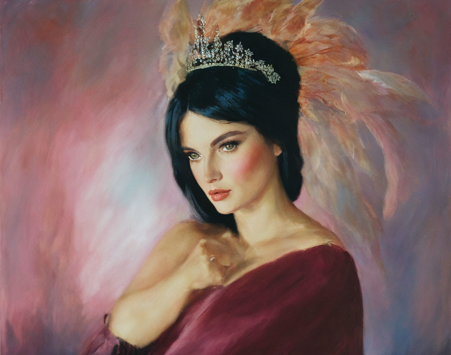 Portrait of Woman with Dark Hair and Crown in Red Garment on Pink Background