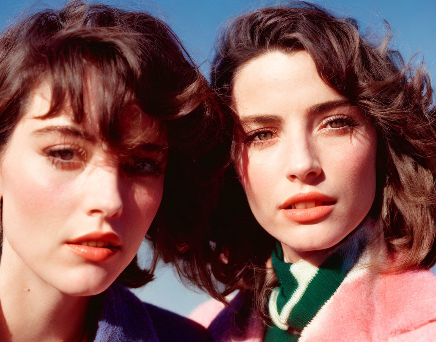 Two women with wavy hair and bright lipstick under clear sky