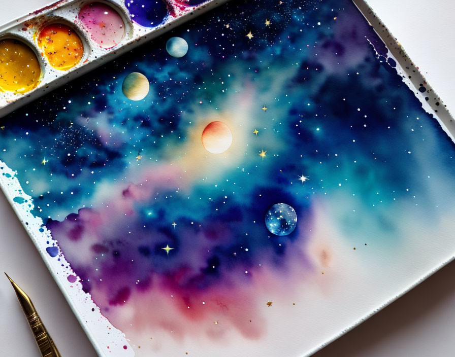 Cosmic watercolor painting with planets and stars on paper
