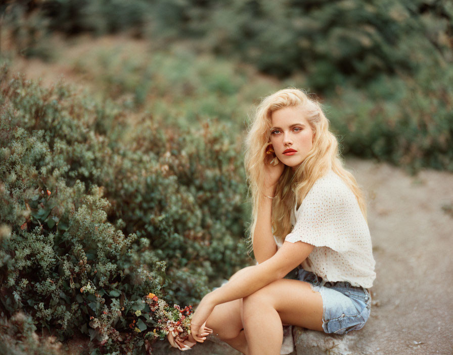 Woman in denim shorts sitting on stone ledge with flowers in greenery