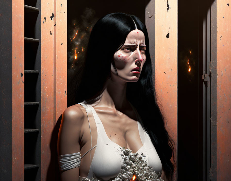 Skull-like makeup woman gazes through fiery doorway