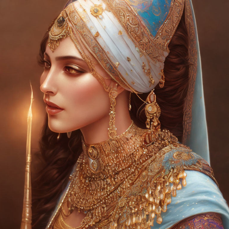 Regal woman digital artwork with elegant jewelry and ornate headdress