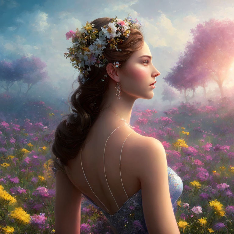 Woman in floral crown amidst purple flowers and sunlight.