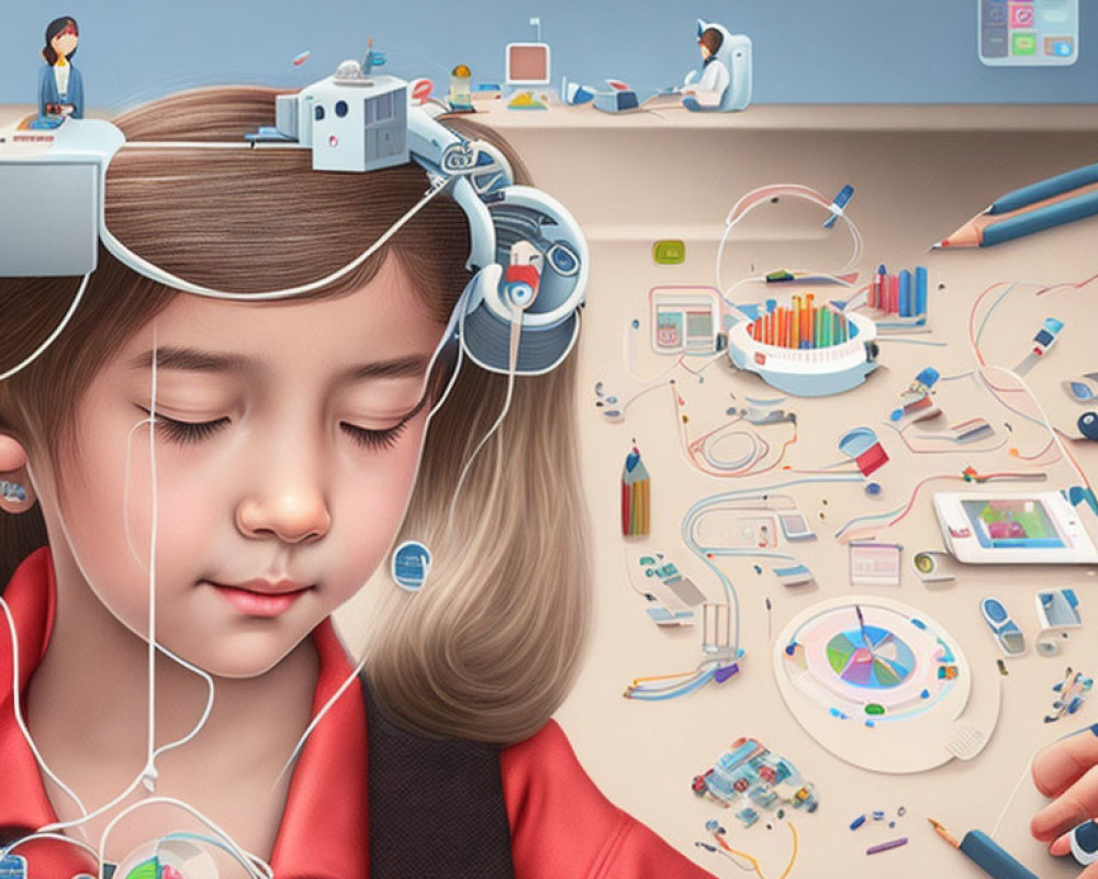 Digital illustration of girl with headphones and technology symbolism.