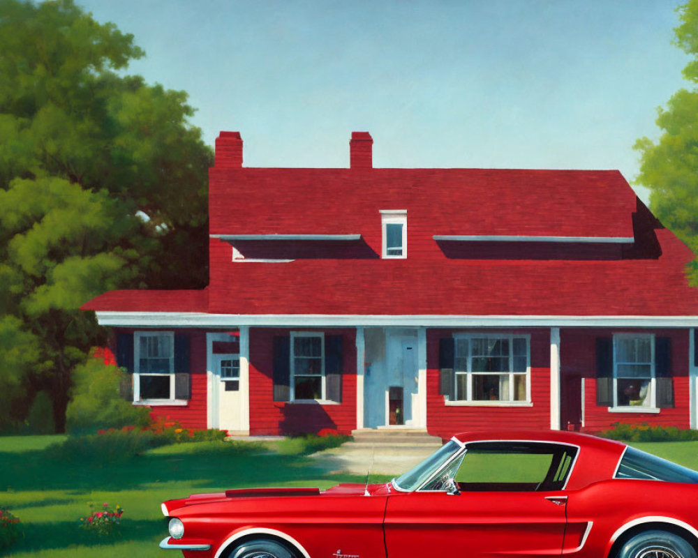 Vintage red Mustang parked in front of a white house with a red roof, set against a serene blue