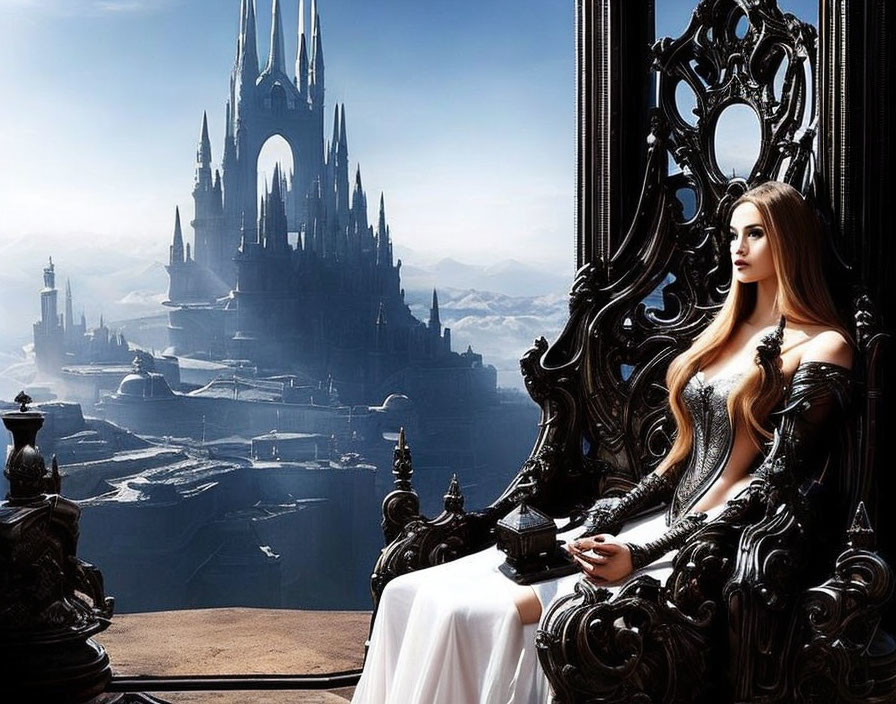 Woman in Dark Ornate Outfit on Throne with Fantasy Castle Landscape