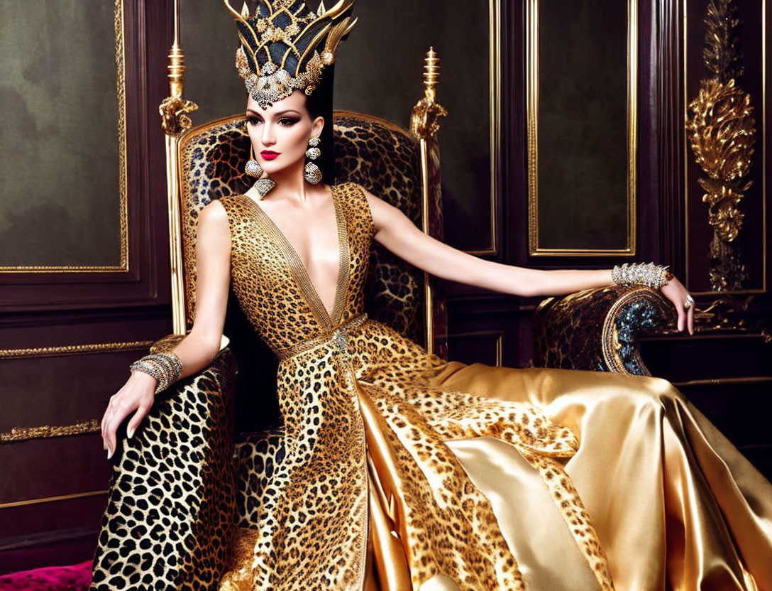Luxurious golden leopard-print dress and ornate crown on a woman in regal setting