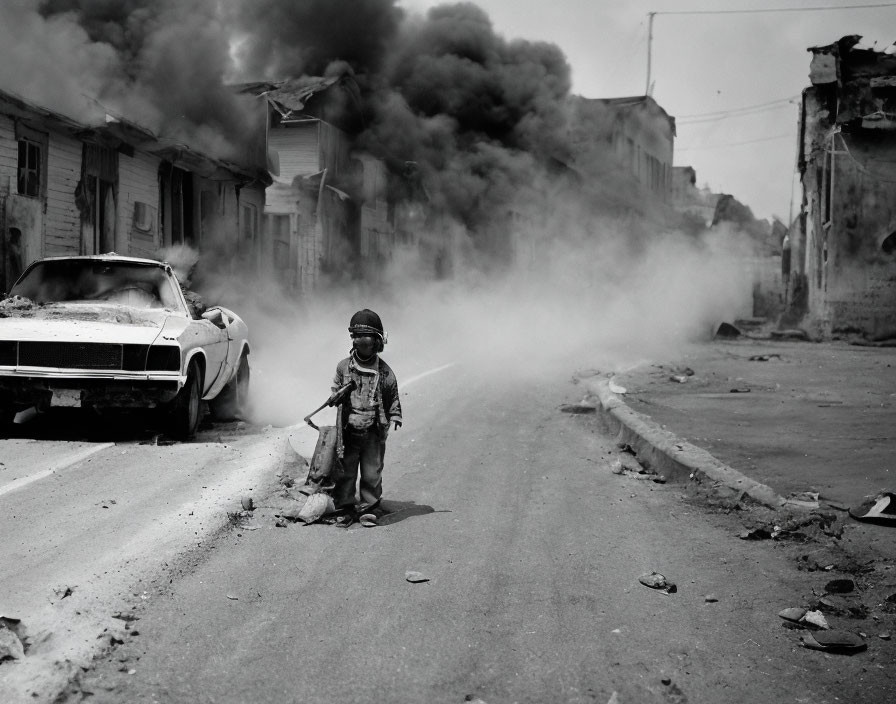 Child with stuffed toy in war-torn street among damaged buildings and smoking car