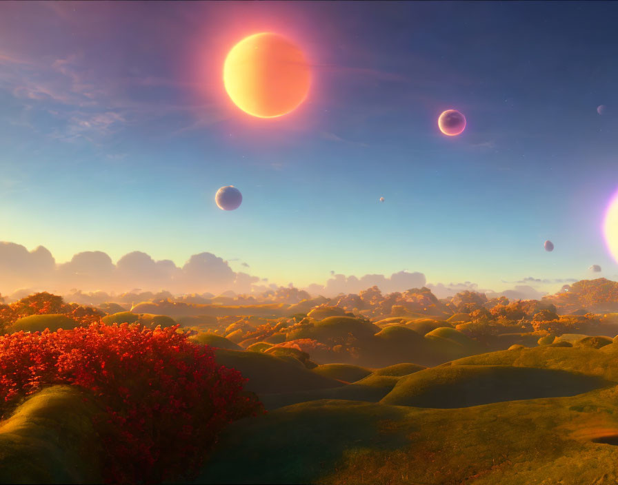 Vibrant sci-fi landscape with multiple suns and planets, red foliage tree