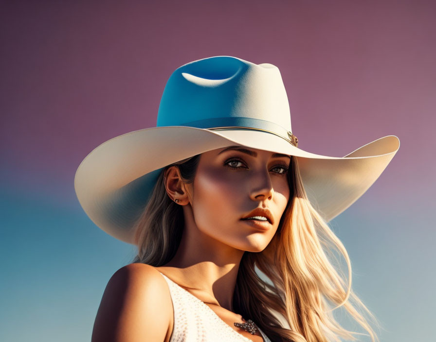 Striking-eyed woman in blue and white cowboy hat under violet sky