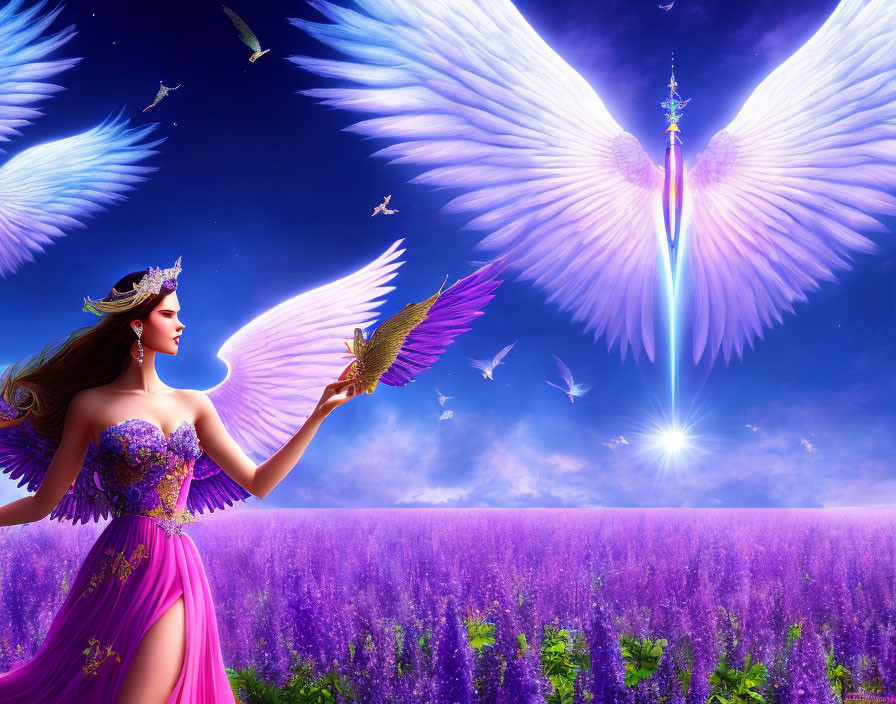 Winged woman in purple dress with bird in flower field under bright sky