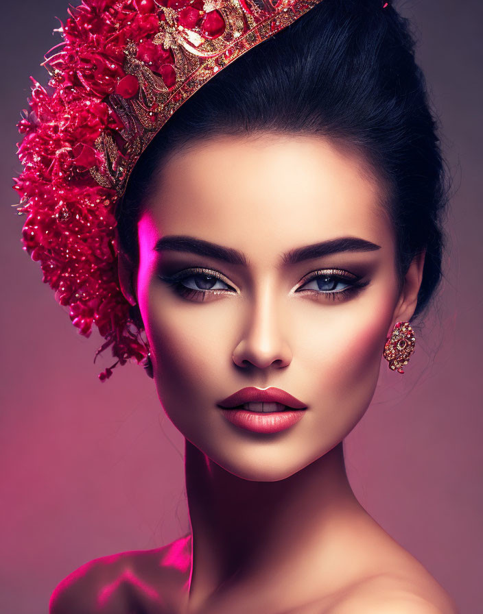 Woman with Striking Makeup and Red Jeweled Crown on Pink Background