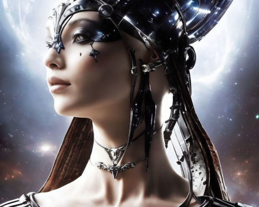 Futuristic cyborg woman with metallic headgear in space