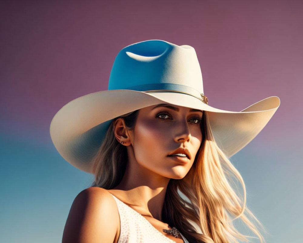 Striking-eyed woman in blue and white cowboy hat under violet sky