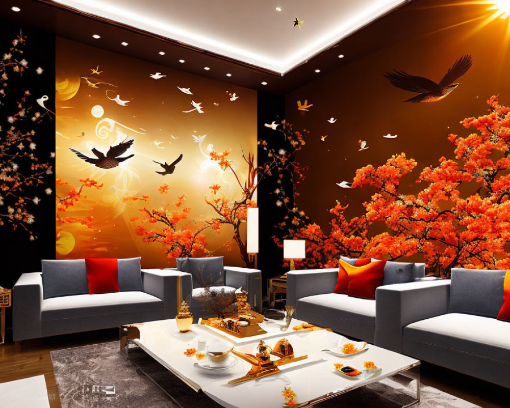 Autumn-themed living room with orange tree wall mural, grey sofas, and red cushions