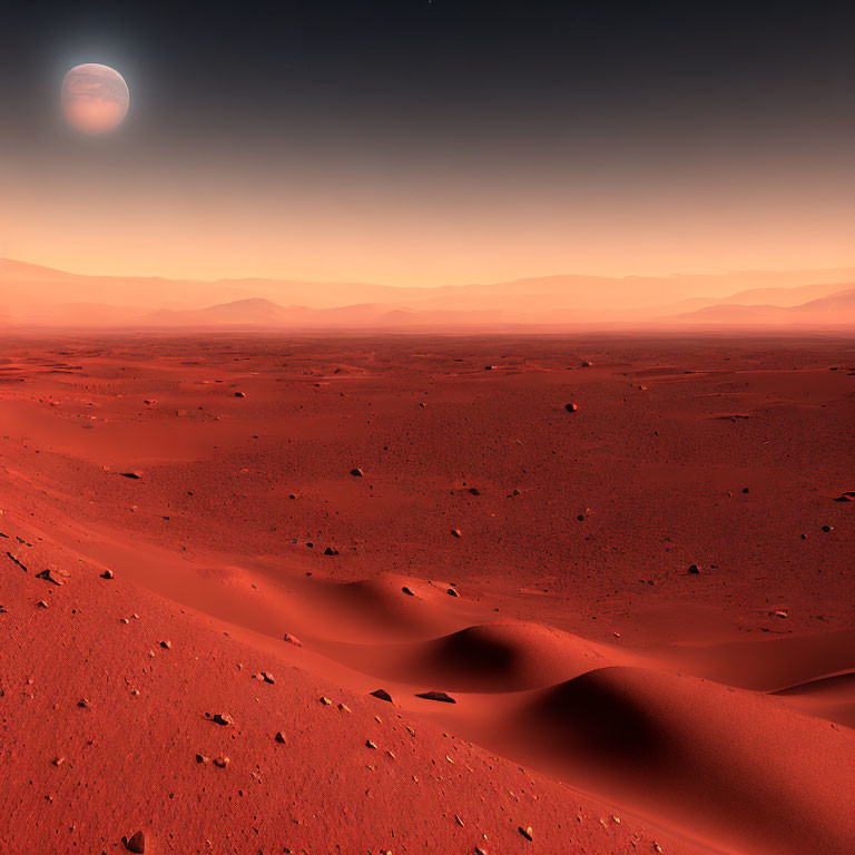 Martian landscape at twilight: Red sand dunes, rocks, rising moon