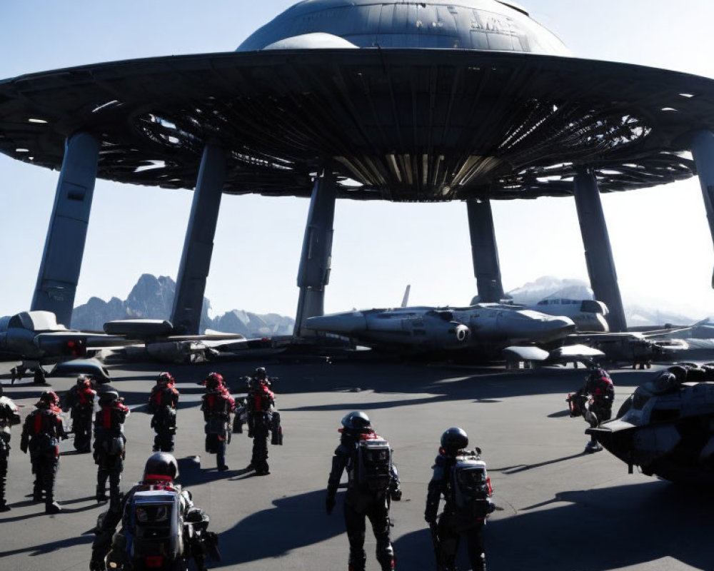 Futuristic military troops in armored suits marching towards aircraft under saucer-shaped structure against mountainous backdrop
