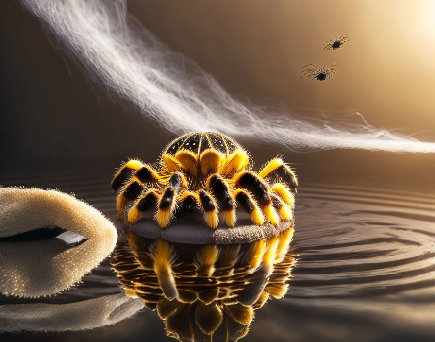 Spider-like creature on water with bees and fog in warm-lit background
