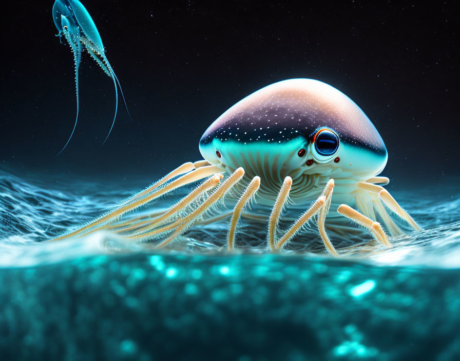 Futuristic squid-like creature with transparent dome head and long tentacles swimming in ocean.