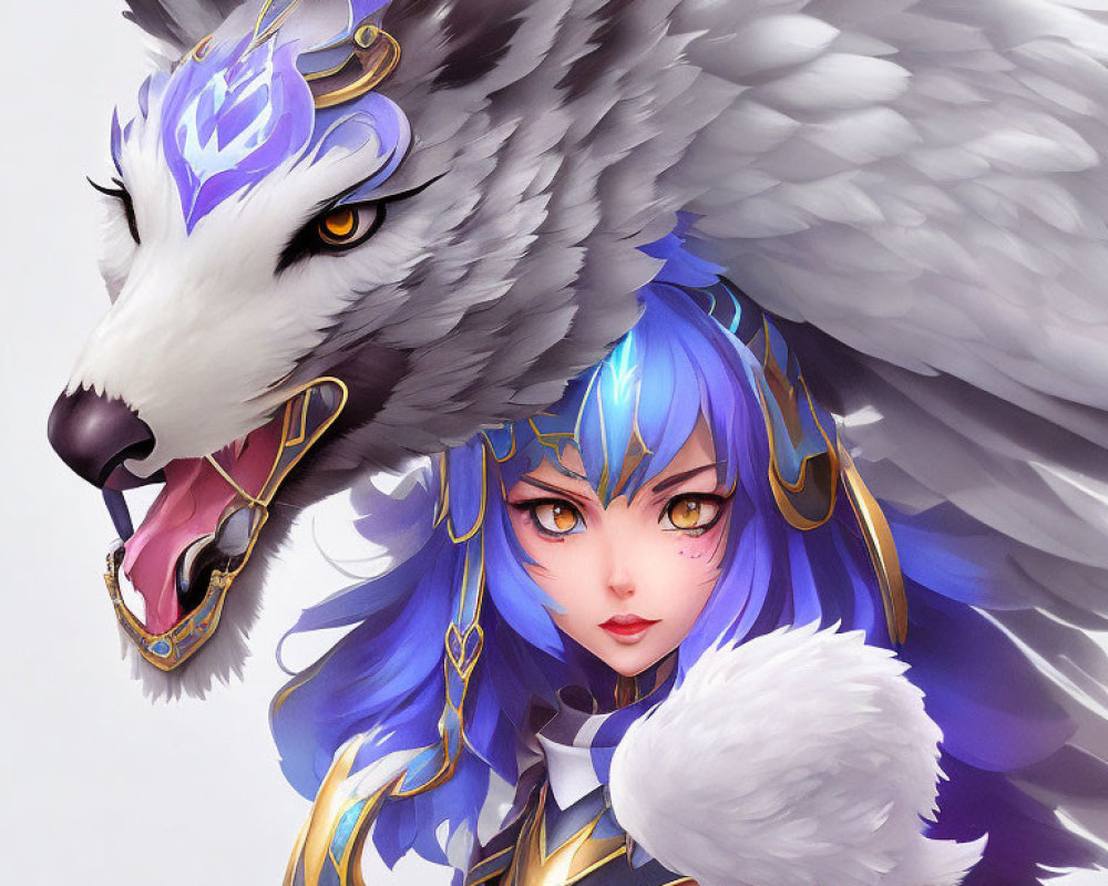Fantasy illustration of woman with blue hair in golden armor with majestic white wolf