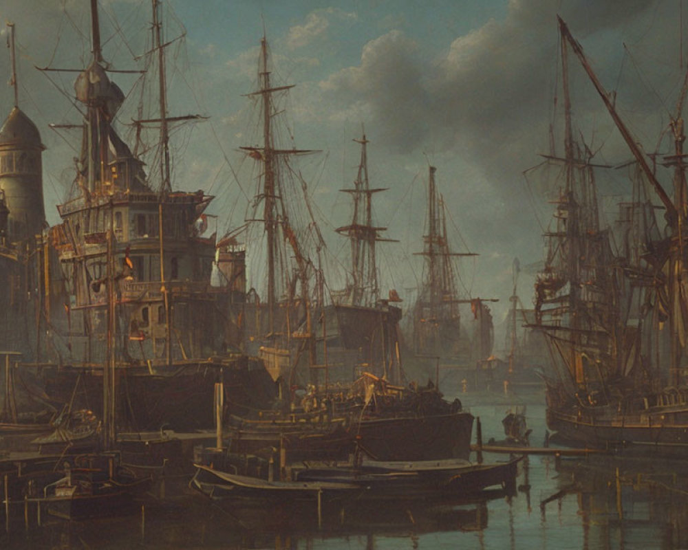 Busy Harbor Painting with Sailing Ships and Soft Light