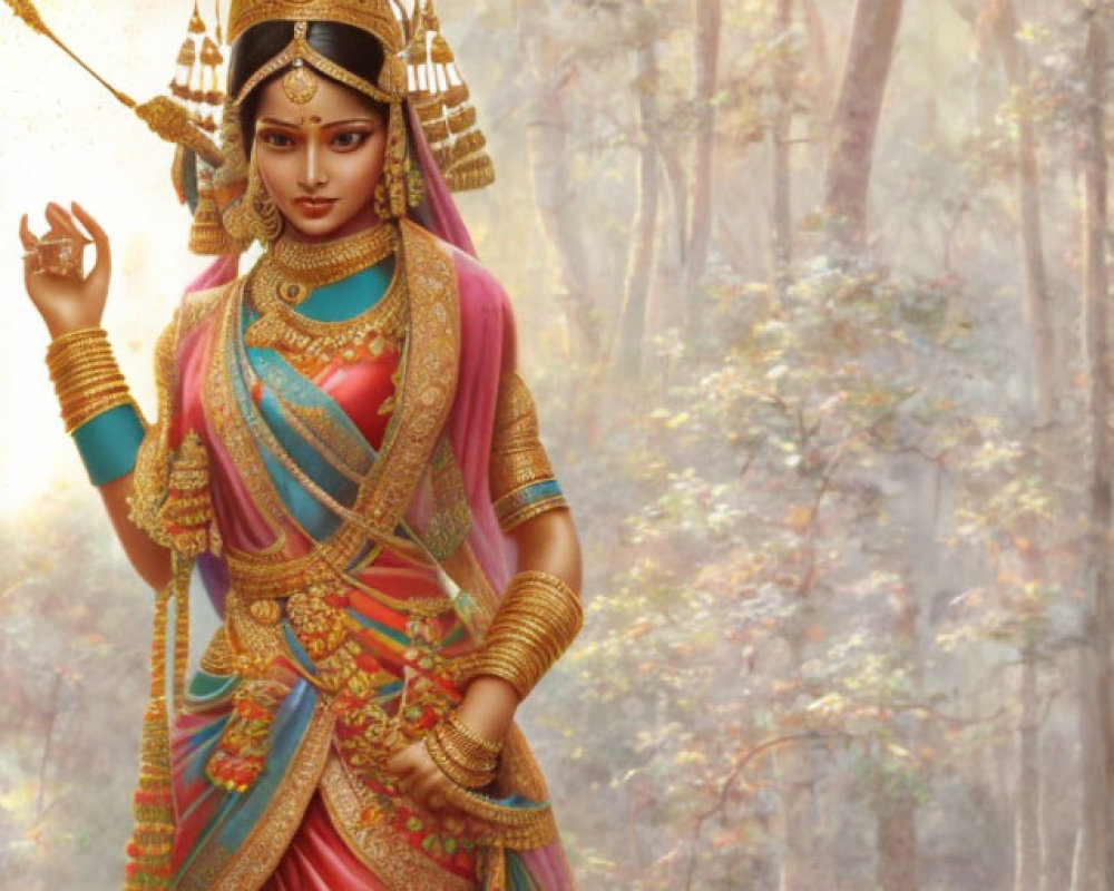 Traditional Indian Goddess in Vibrant Saree & Gold Jewelry in Mystical Forest