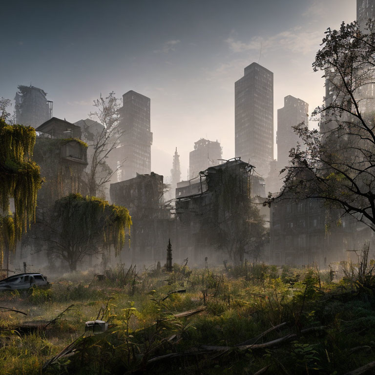 Silhouetted cityscape at dawn with lush greenery and highway remnants in hazy atmosphere
