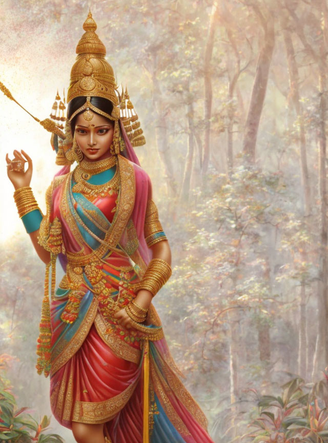 Traditional Indian Goddess in Vibrant Saree & Gold Jewelry in Mystical Forest