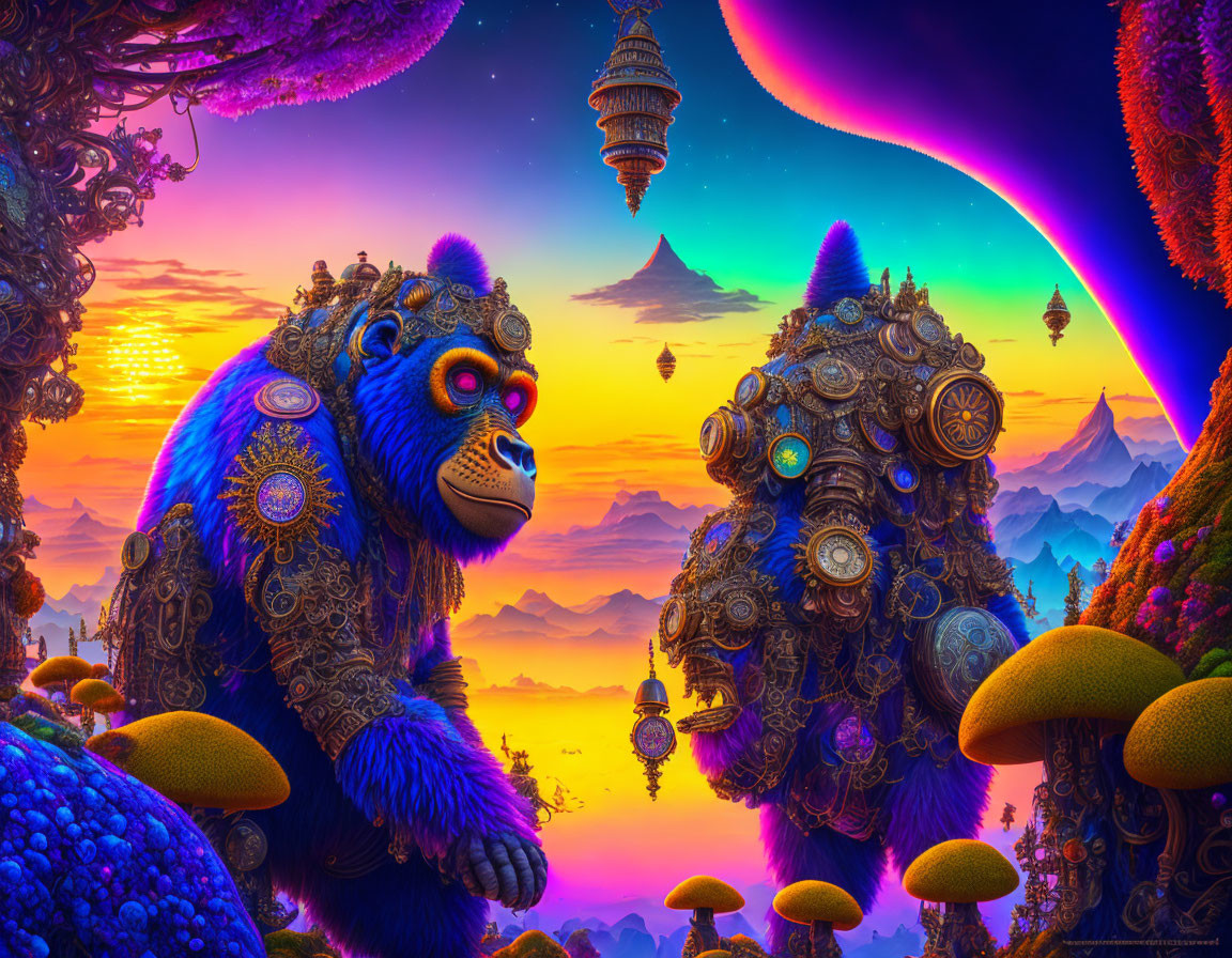 Colorful Fantasy Landscape with Mechanical Gorillas, Colorful Mushrooms, Floating Islands, and Alien Sunset