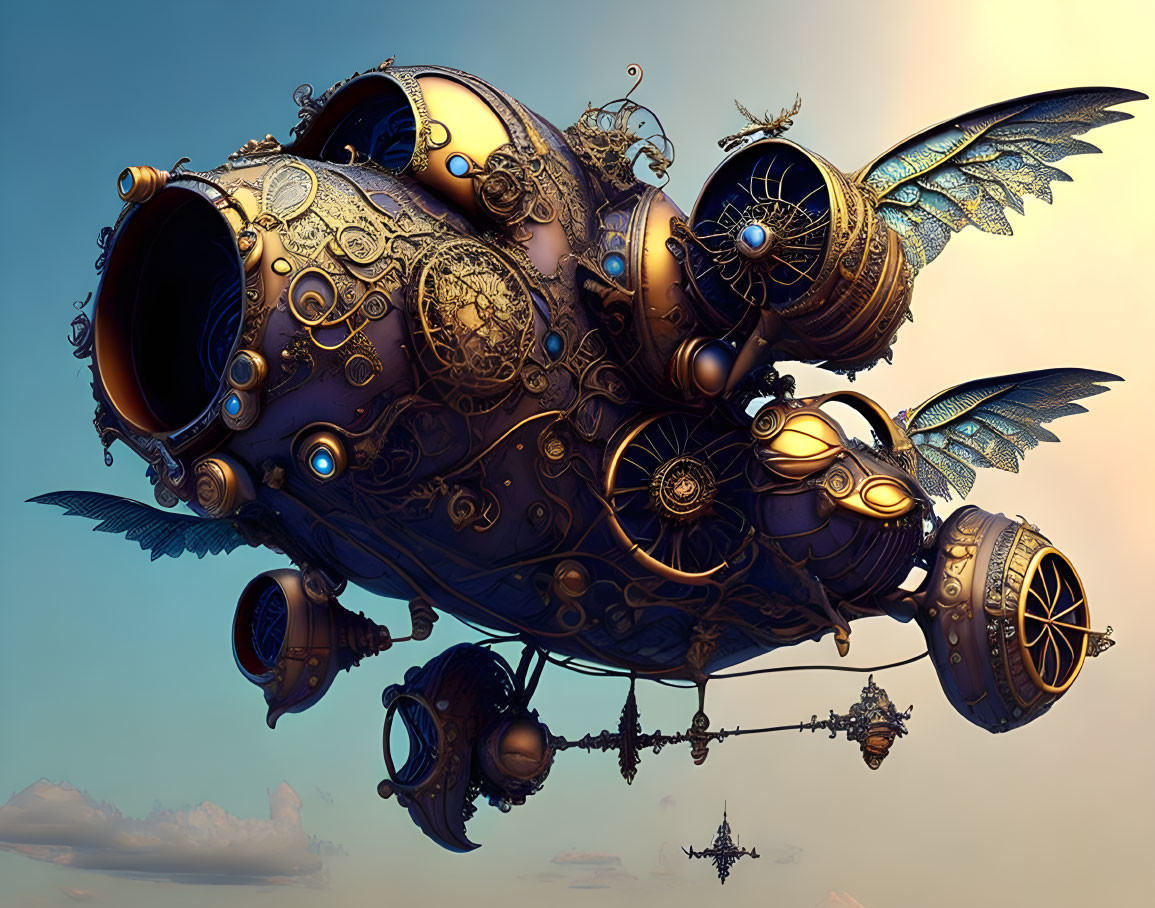 Steampunk airship with mechanical wings in serene sky