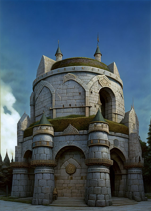 Stone castle with turrets in a medieval fantasy setting