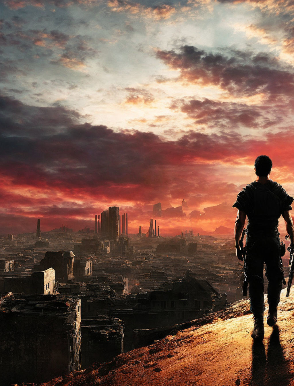 Figure with weapon approaches ruined city under red sky in post-apocalyptic scene