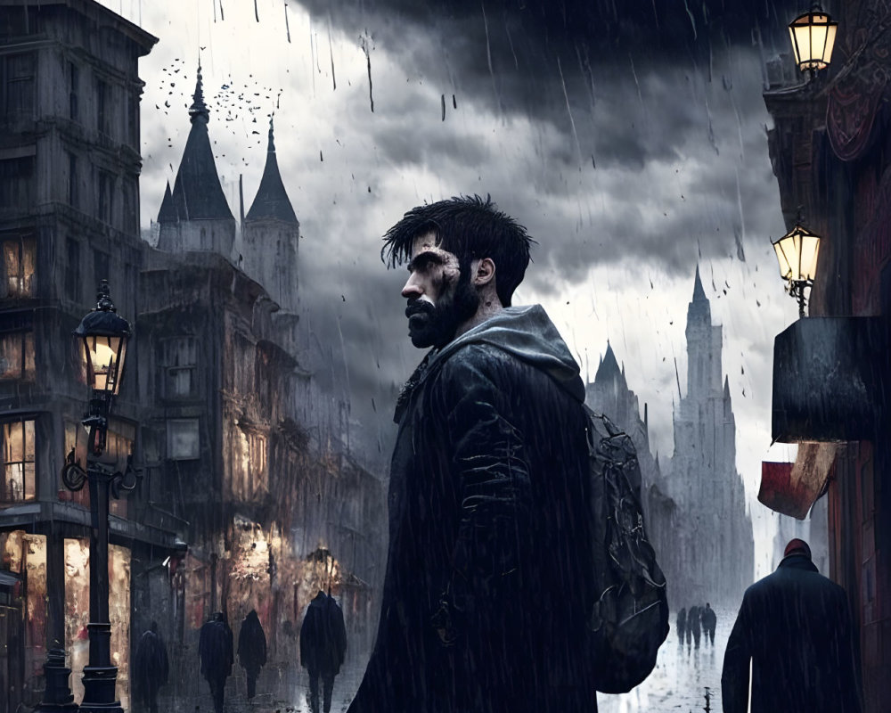 Bearded man in dark coat on rainy Gothic street