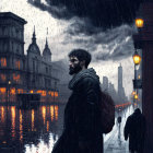 Bearded man in dark coat on rainy Gothic street