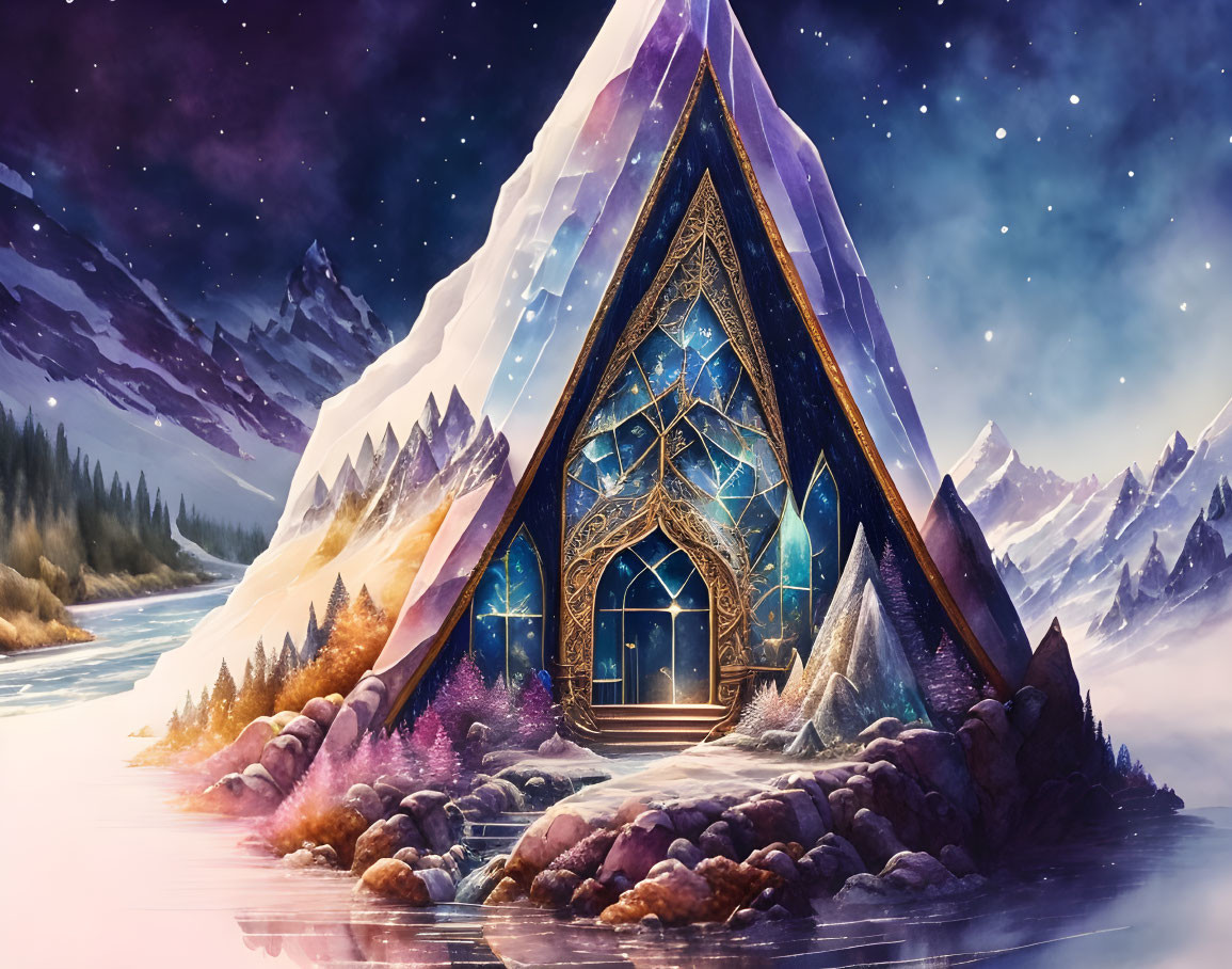 Crystal-like Structure with Intricate Door Design in Snowy Mountain Landscape