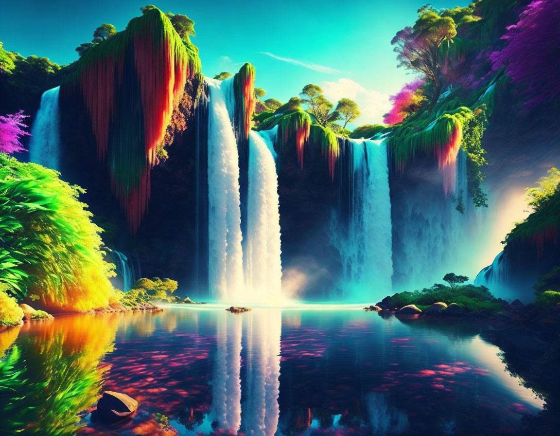 Colorful surreal landscape with waterfalls, lush vegetation, and calm water.