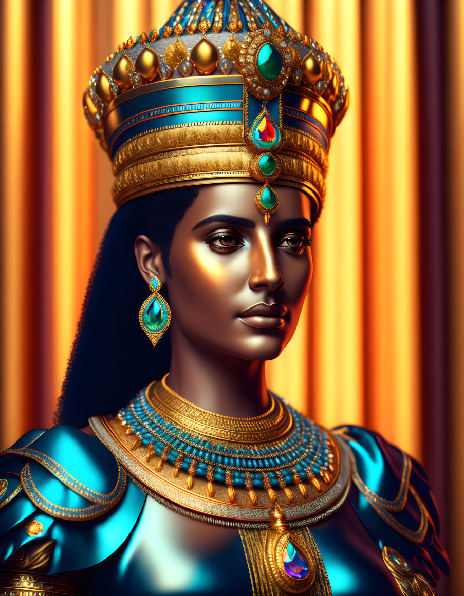 Regal woman in golden Egyptian headdress and blue attire