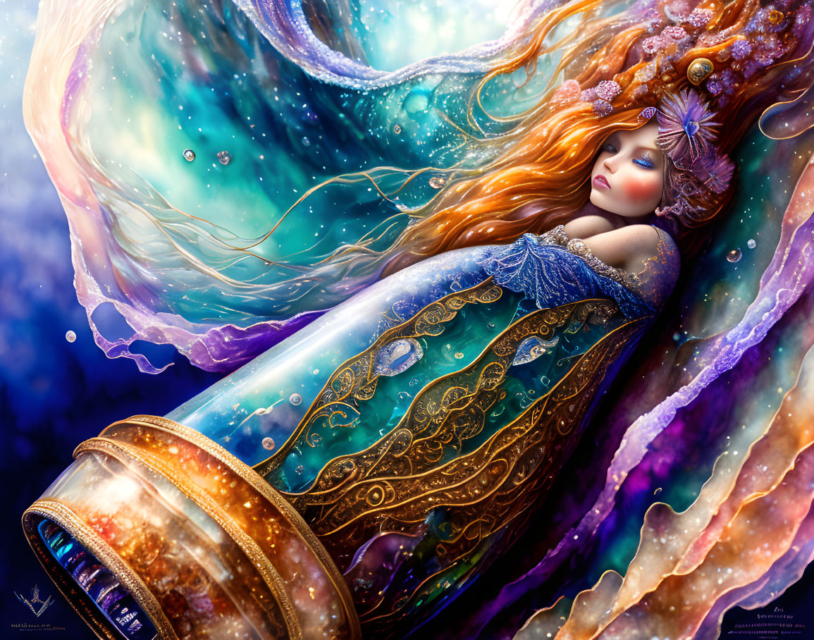Celestial fantasy illustration of a woman in ornate blue dress with flowing hair in cosmic setting