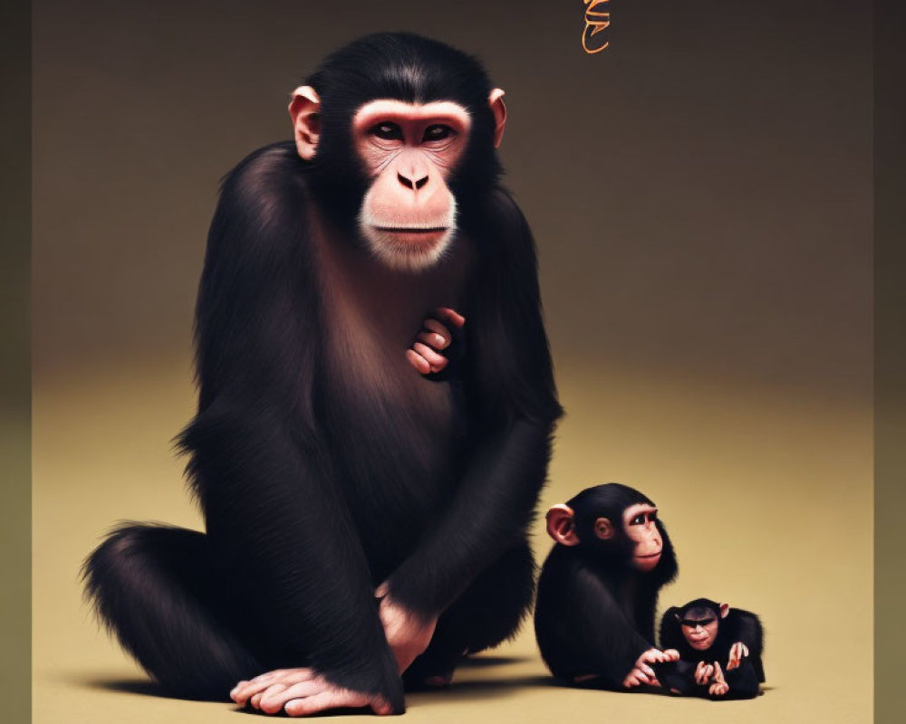 Two Dark-Furred Monkeys Sitting and Standing on Plain Background