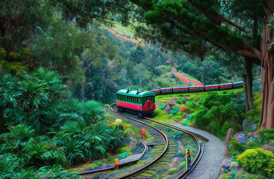 Colorful model train winds through lush garden with green and red cars.