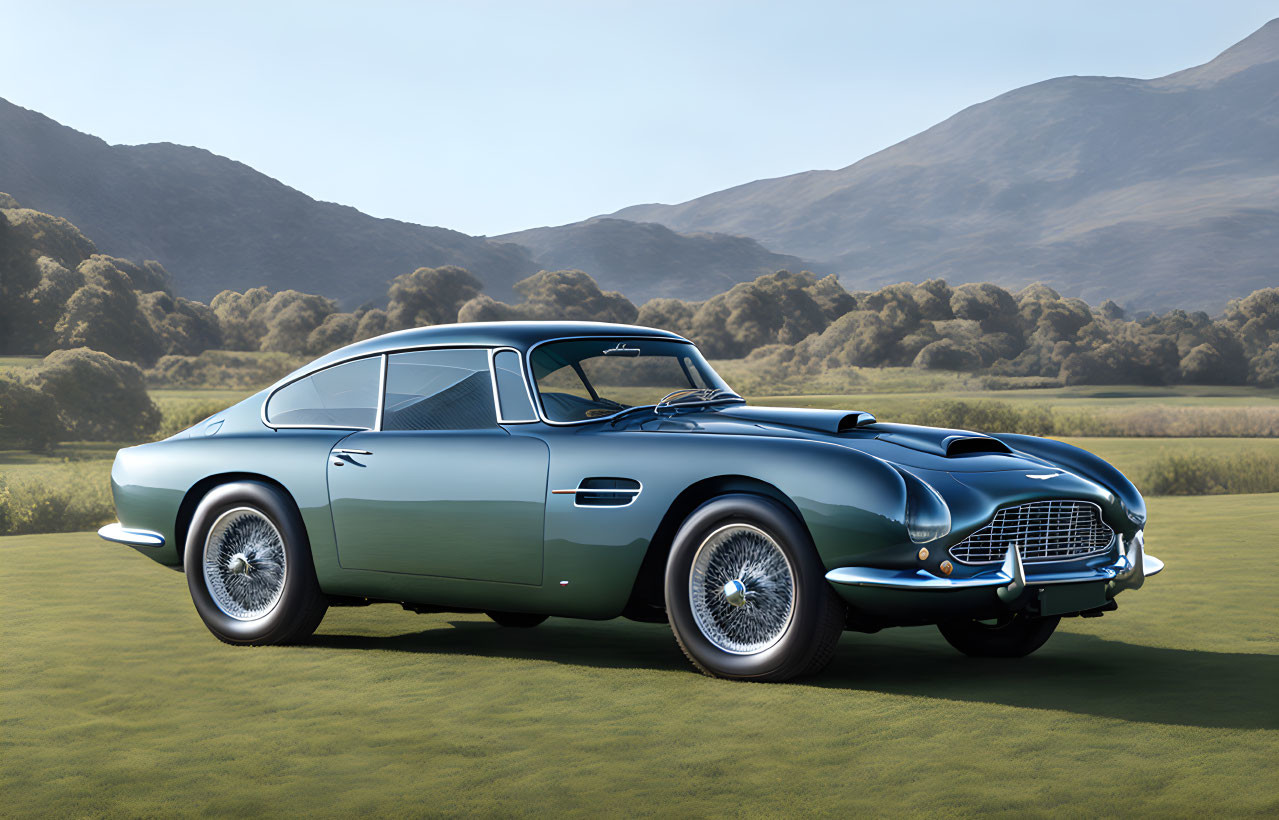 Vintage Blue Aston Martin DB5 on Grass with Rolling Hills Background
