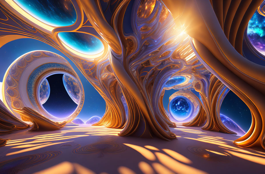 Alien landscape with glowing orange trees and swirling portals