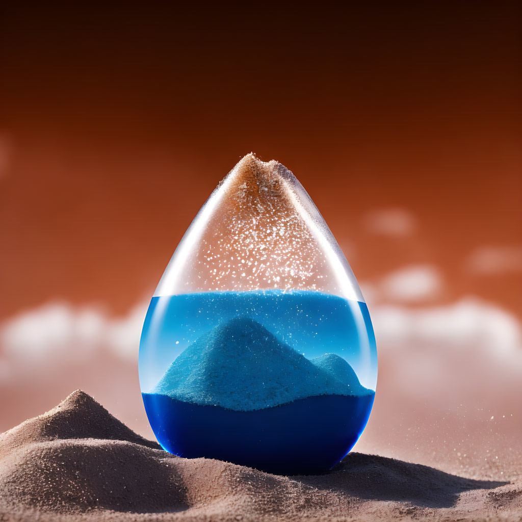 Hourglass with sand and blue water on cloudy red background