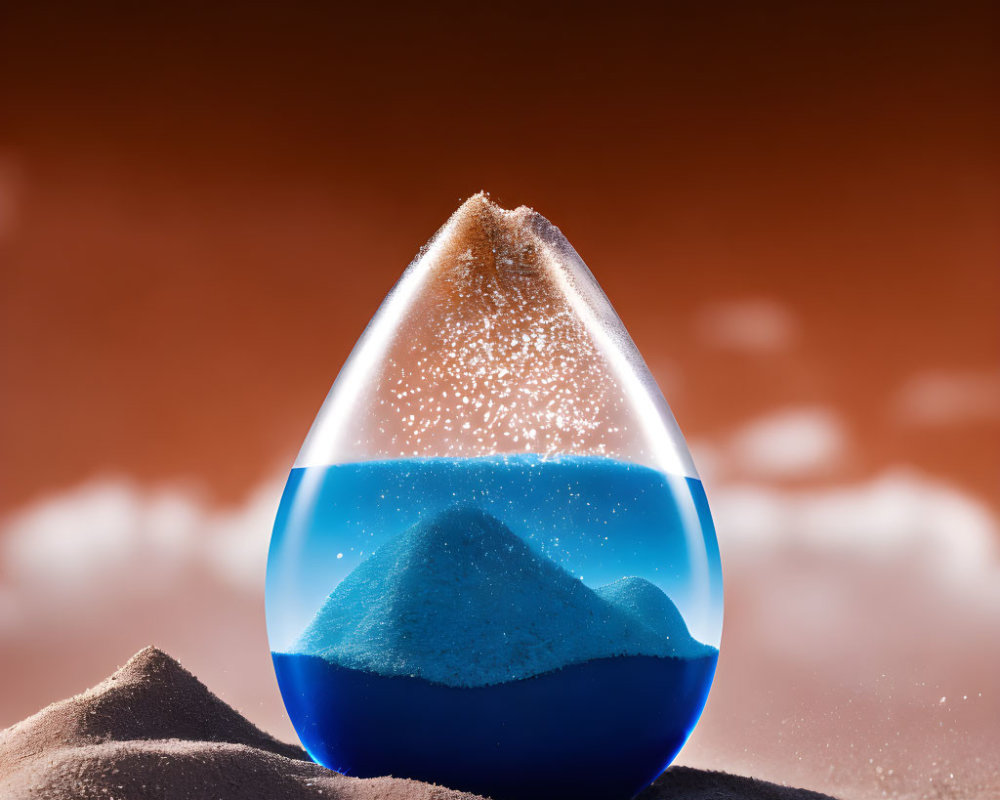 Hourglass with sand and blue water on cloudy red background