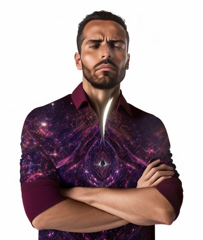 Cosmic galaxy swirling inside man's torso against space background