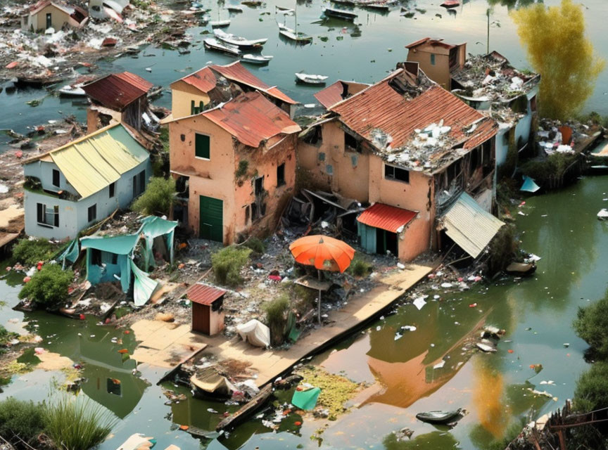 Submerged Houses and Boats in Flooded Area with Debris