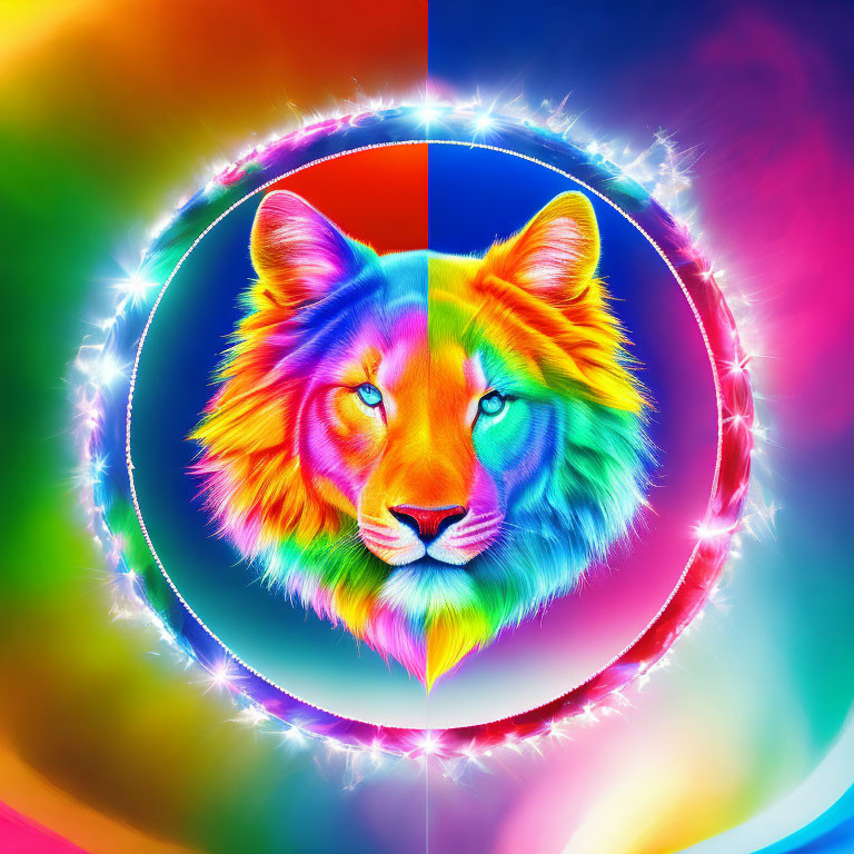 Colorful Lion Image with Vibrant Mane and Glowing Frame