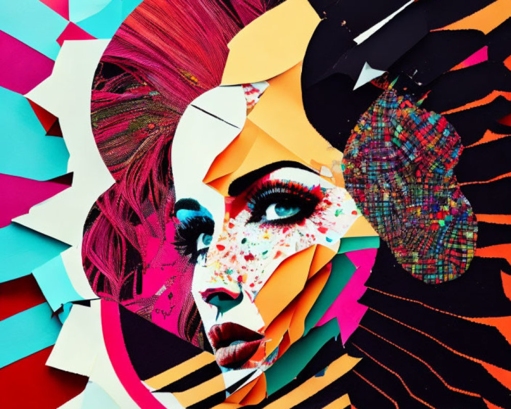 Vibrant collage of woman's face with abstract geometric shapes in red, yellow, blue, and